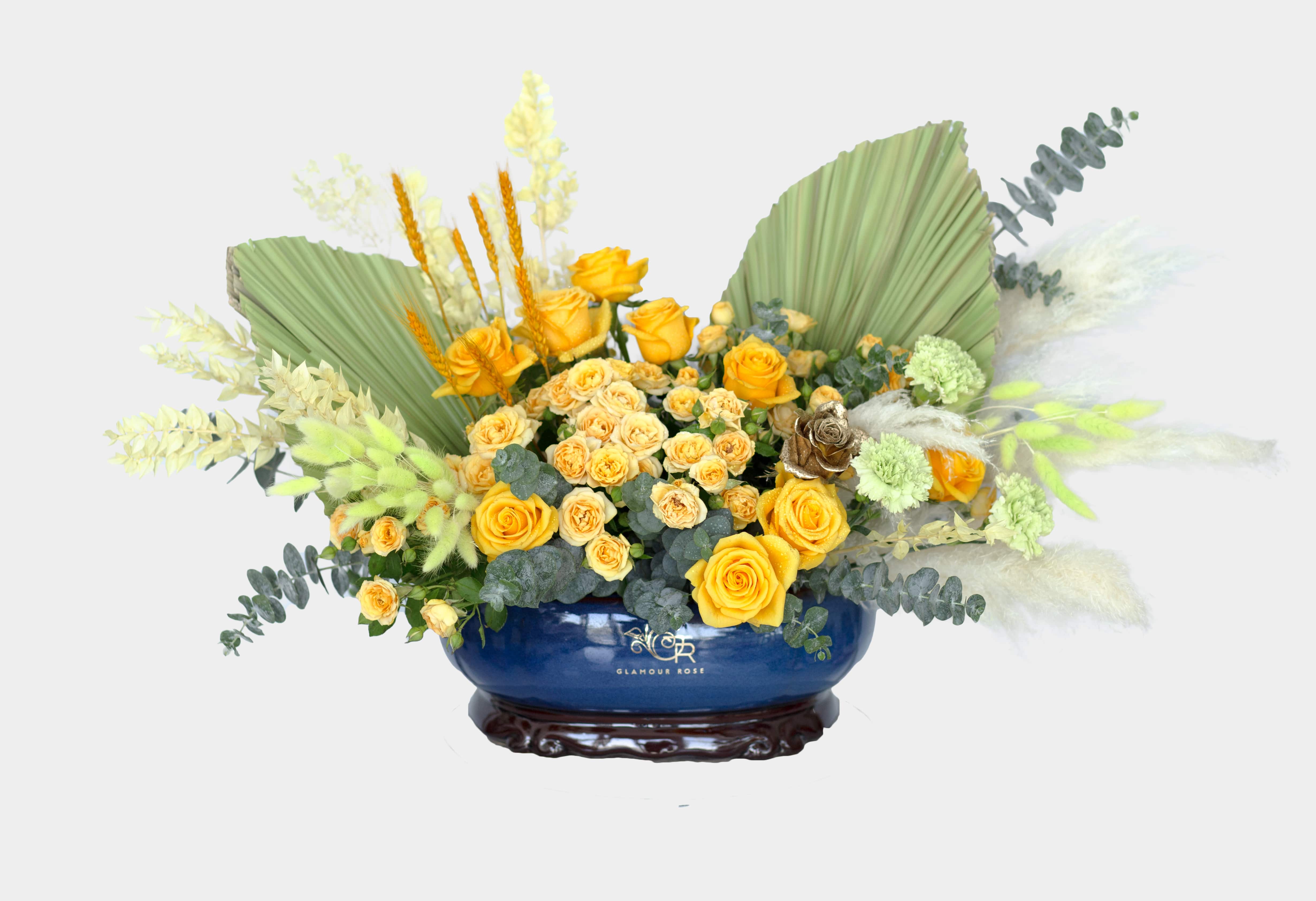 Yellow Roses Blue Vase