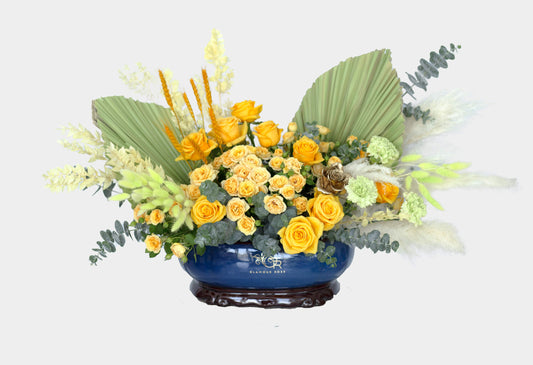 Yellow Roses Blue Vase